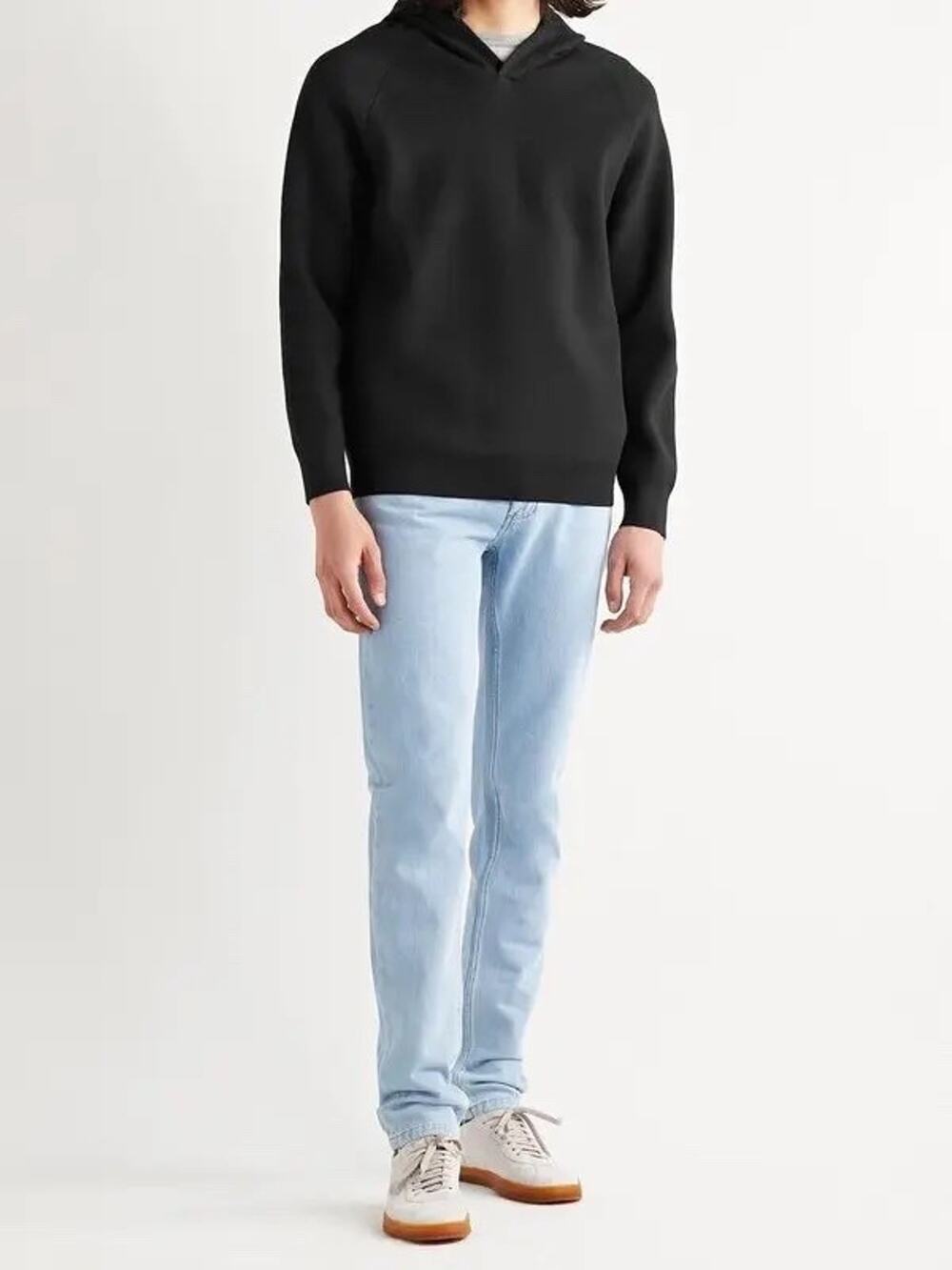 Theory Jago Men’s Stretch Knit Hoodie Black Pullover Pockets M/L